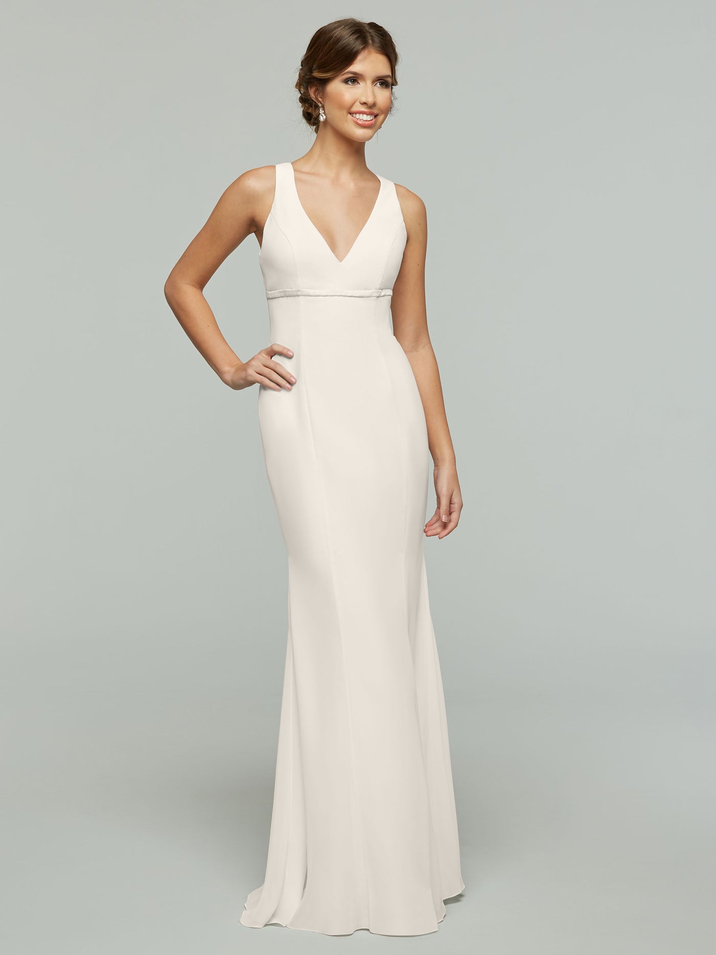 80155 - Fit and Flare Chiffon Bridesmaid Dress with V-Neck and Satin Ribbon