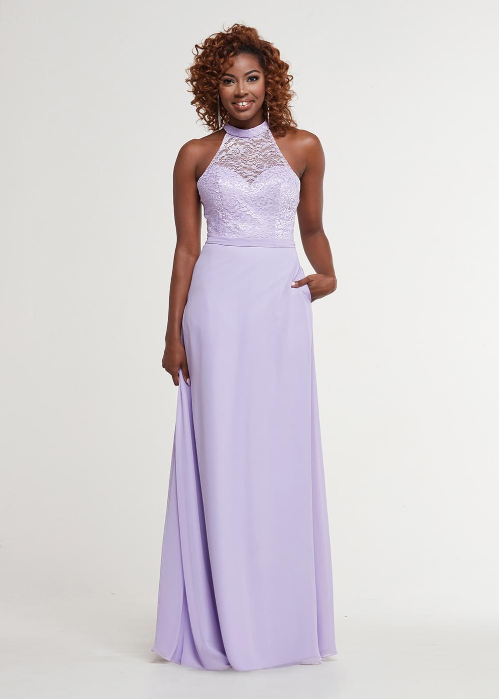 80165 - Chiffon A-Line Bridesmaid Dress with Lace Halter Neckline