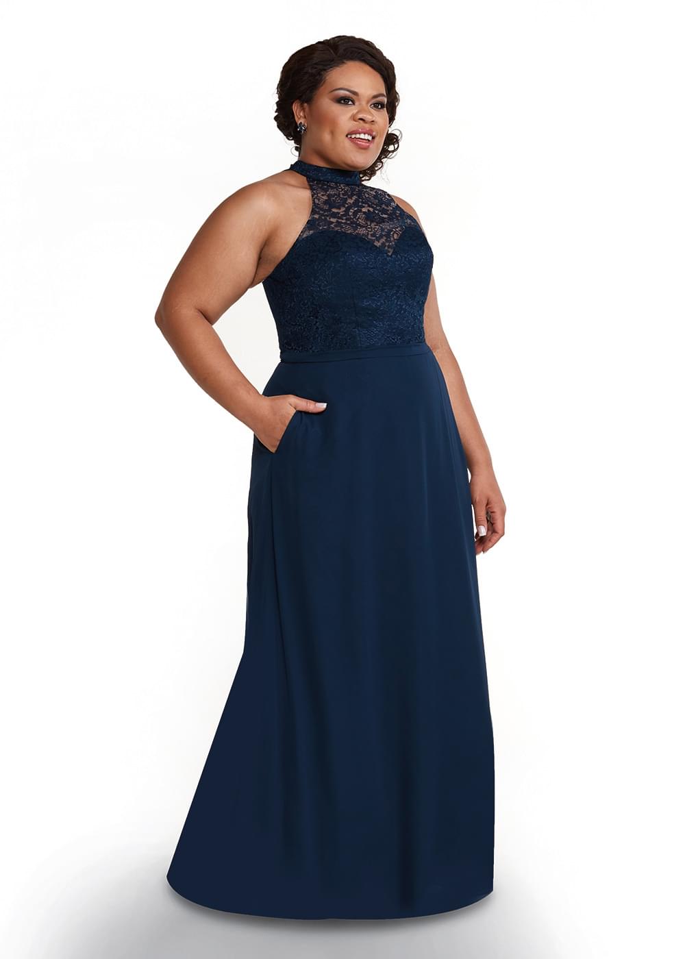 where to try on bridesmaid dresses in person Peacock Chiffon Lace Turtle Neck Long Sleeves A-Line Formal Gown main image 0