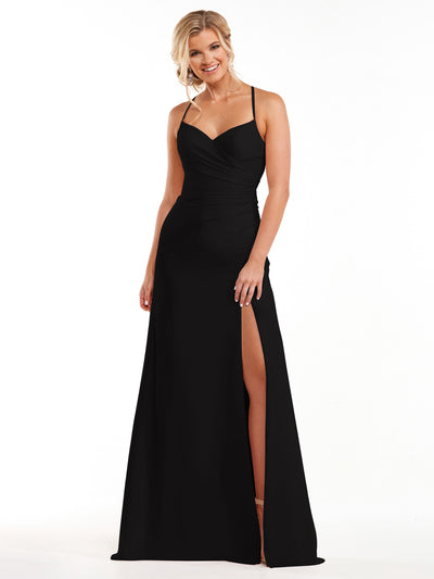A woman models the Avery Austin 80167: a long, sleeveless black evening gown with thin straps, a sweetheart neckline, and a high side slit—capturing the refined look of an elegant bridesmaid dress against a plain white background.