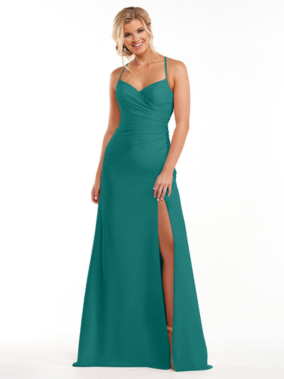 A woman in the Avery Austin 80167 teal chiffon bridesmaid dress, featuring thin straps, a sweetheart neckline, ruched detailing, and a high side slit, smiles against a plain white background.