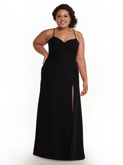 A woman in the Avery Austin 80167, a sleeveless black A-line bridesmaid dress with thin straps and a thigh-high slit, smiles against a plain white background.