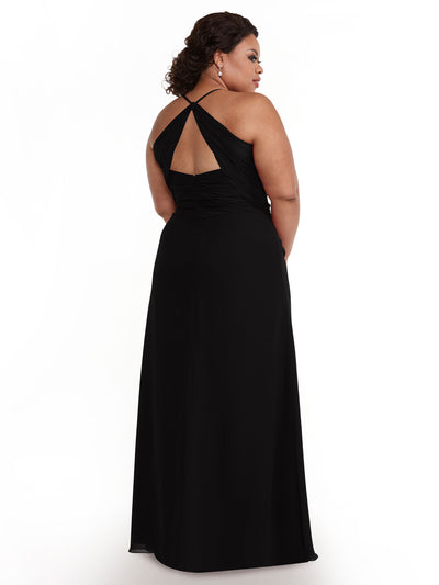 A woman wearing Avery Austin's 80167—a long, sleeveless chiffon dress with a crisscross back and keyhole cutout—stands facing away, looking over her shoulder against a plain white background.