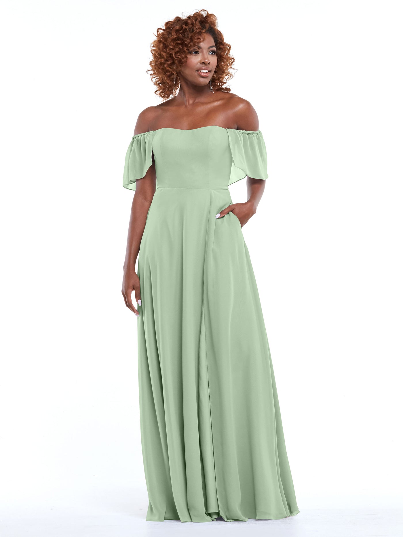 80168 - A-Line Off-the-Shoulder Chiffon Bridesmaid Dress with Pockets