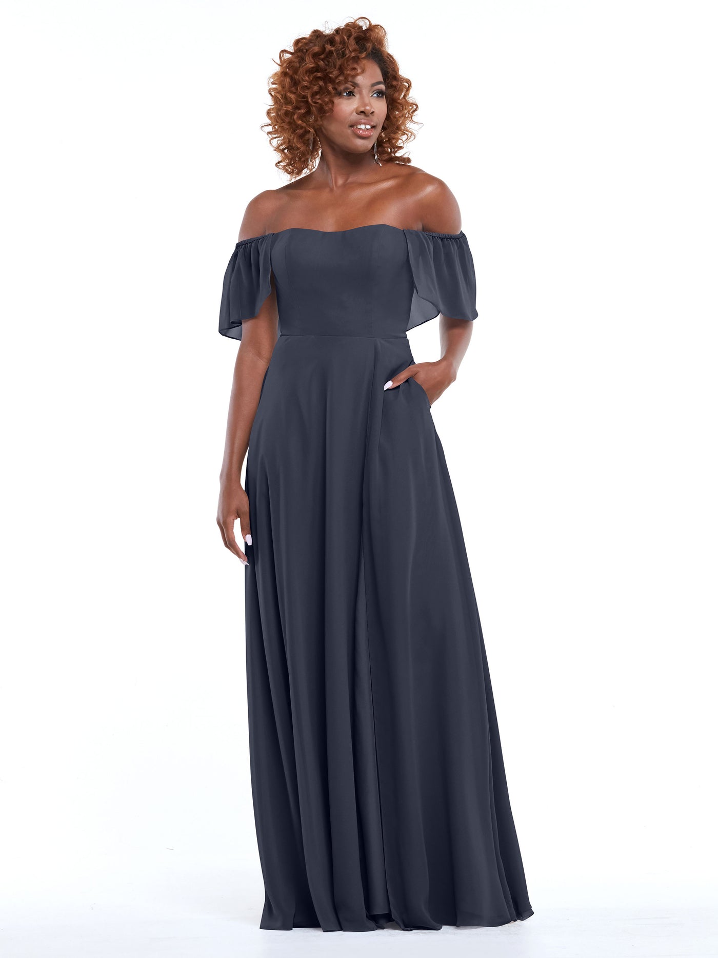 80168 - A-Line Off-the-Shoulder Chiffon Bridesmaid Dress with Pockets