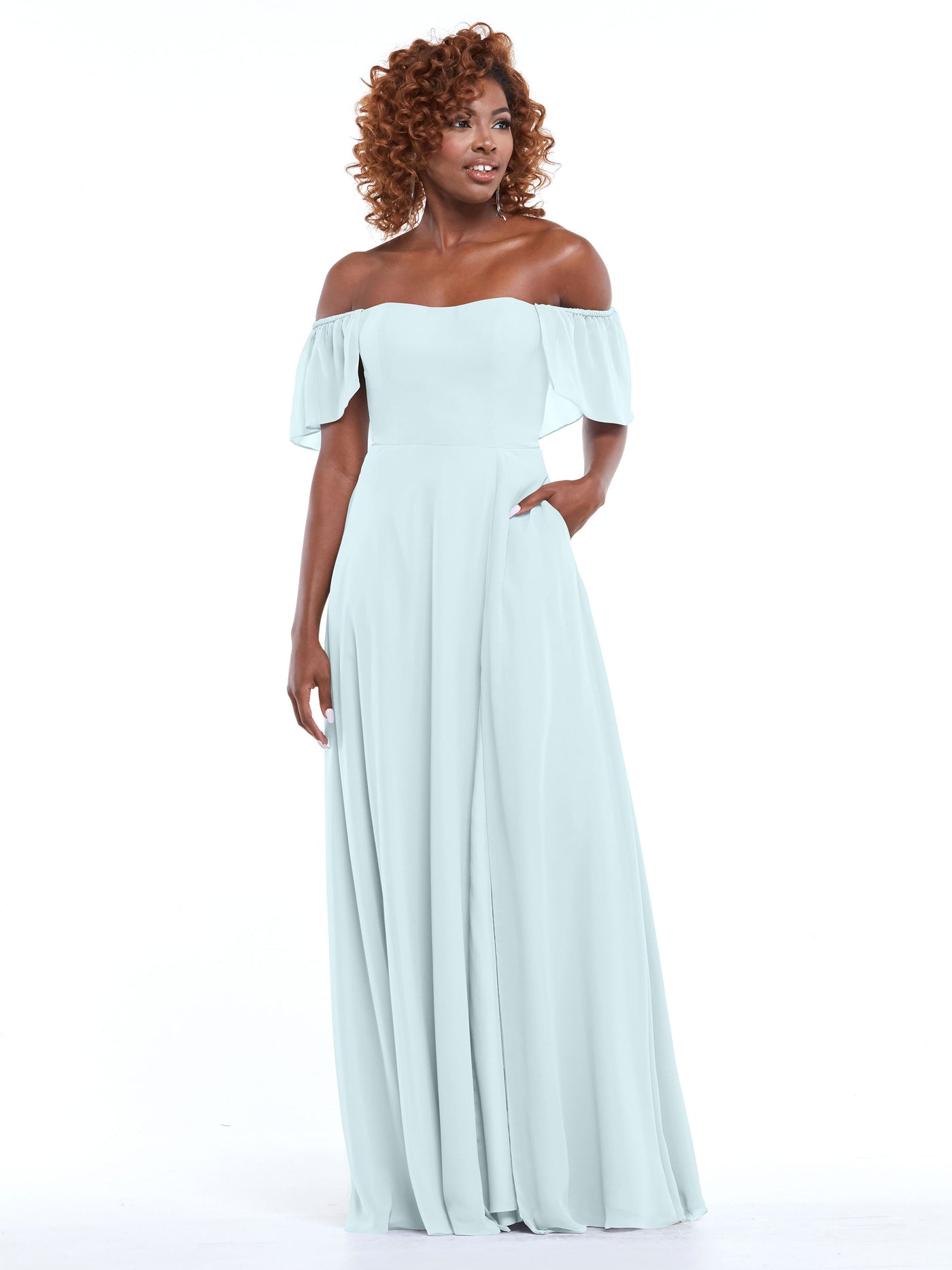 80168 - A-Line Off-the-Shoulder Chiffon Bridesmaid Dress with Pockets