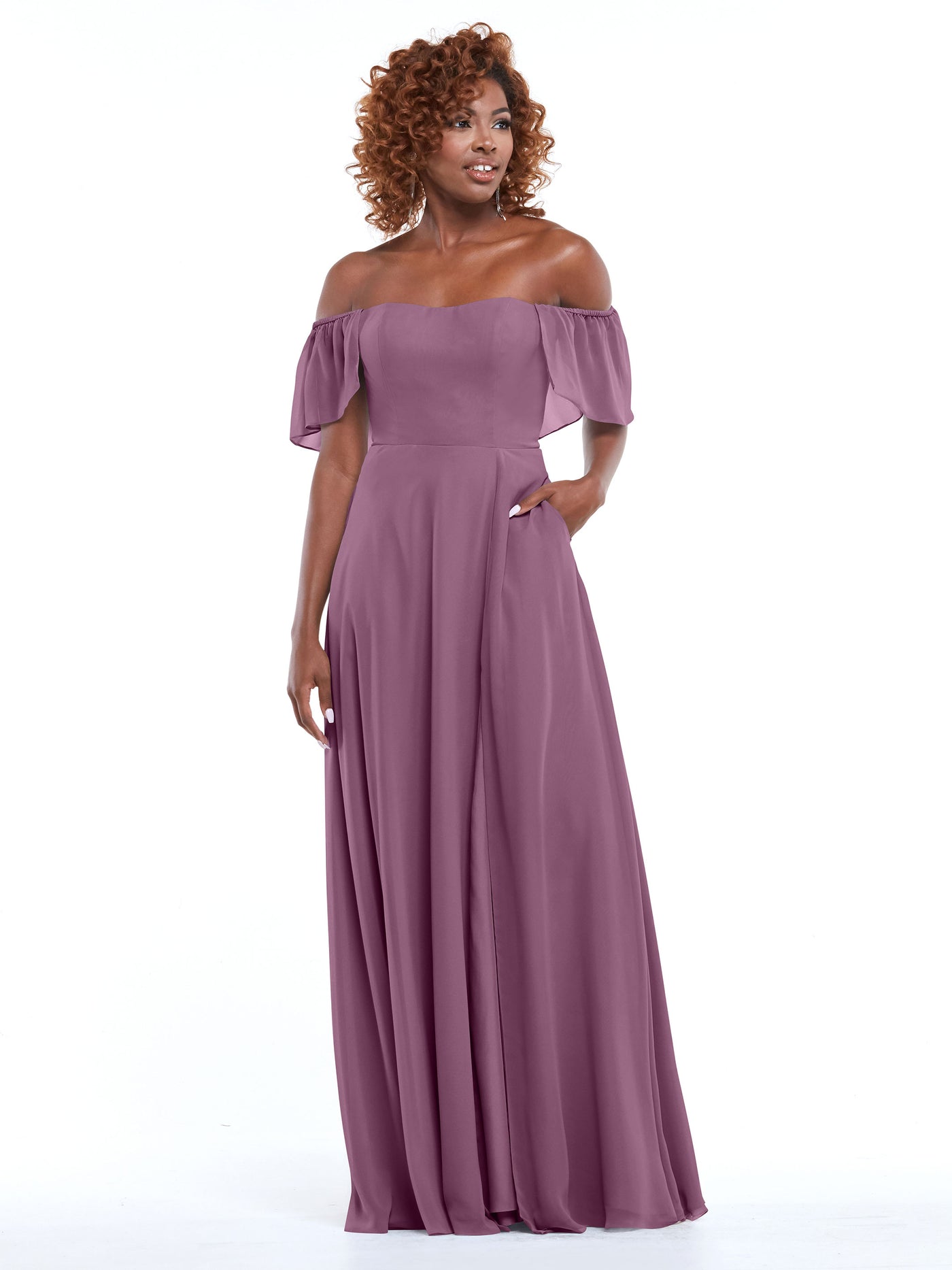 80168 - A-Line Off-the-Shoulder Chiffon Bridesmaid Dress with Pockets
