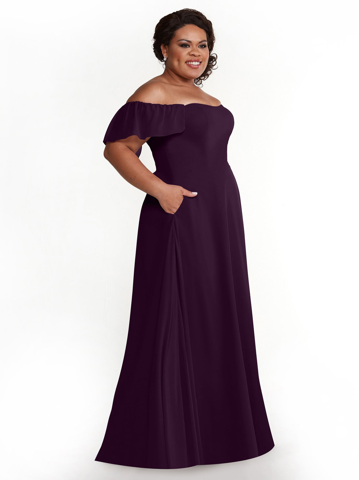 80168 - A-Line Off-the-Shoulder Chiffon Bridesmaid Dress with Pockets