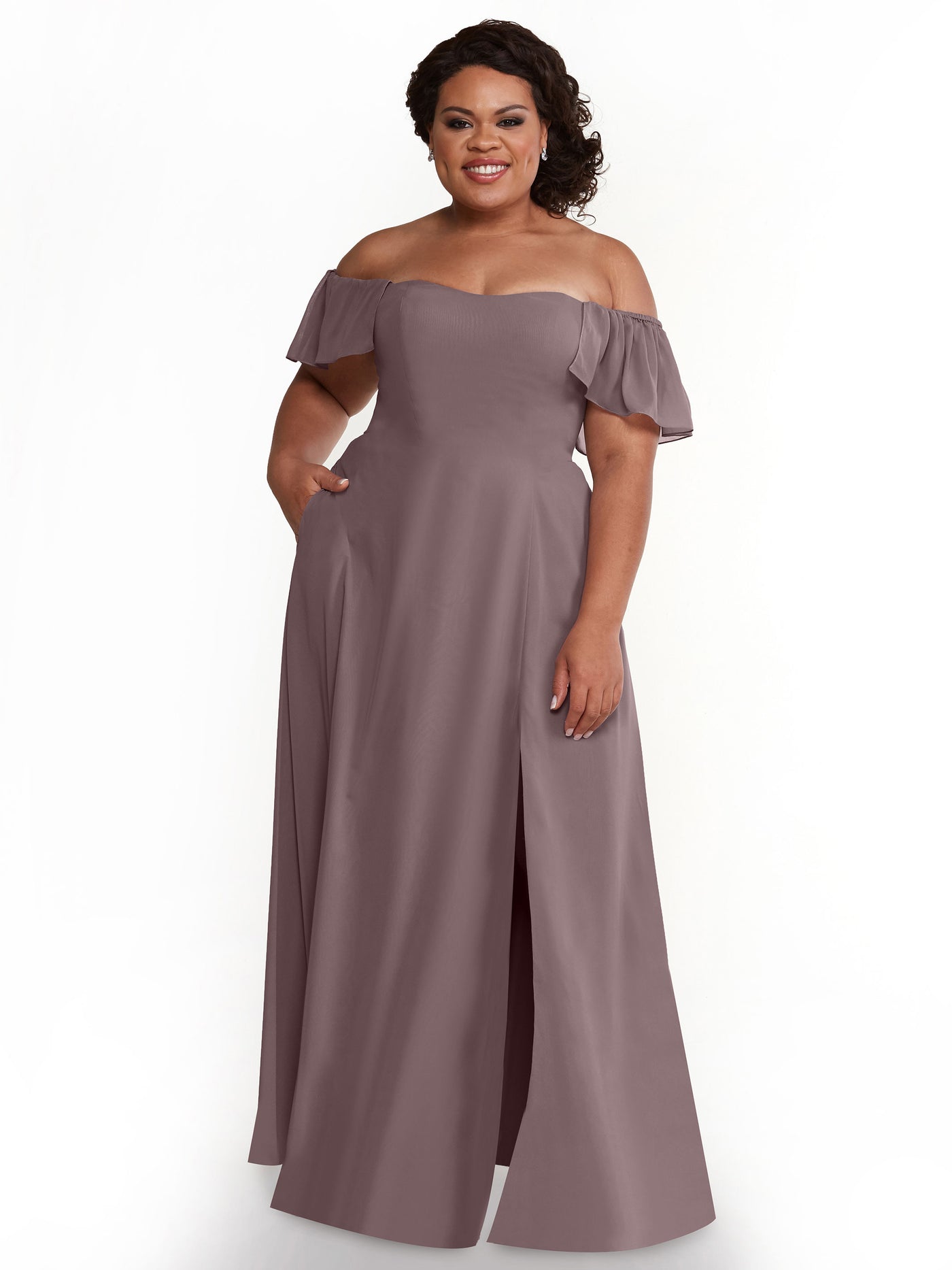 80168 - A-Line Off-the-Shoulder Chiffon Bridesmaid Dress with Pockets