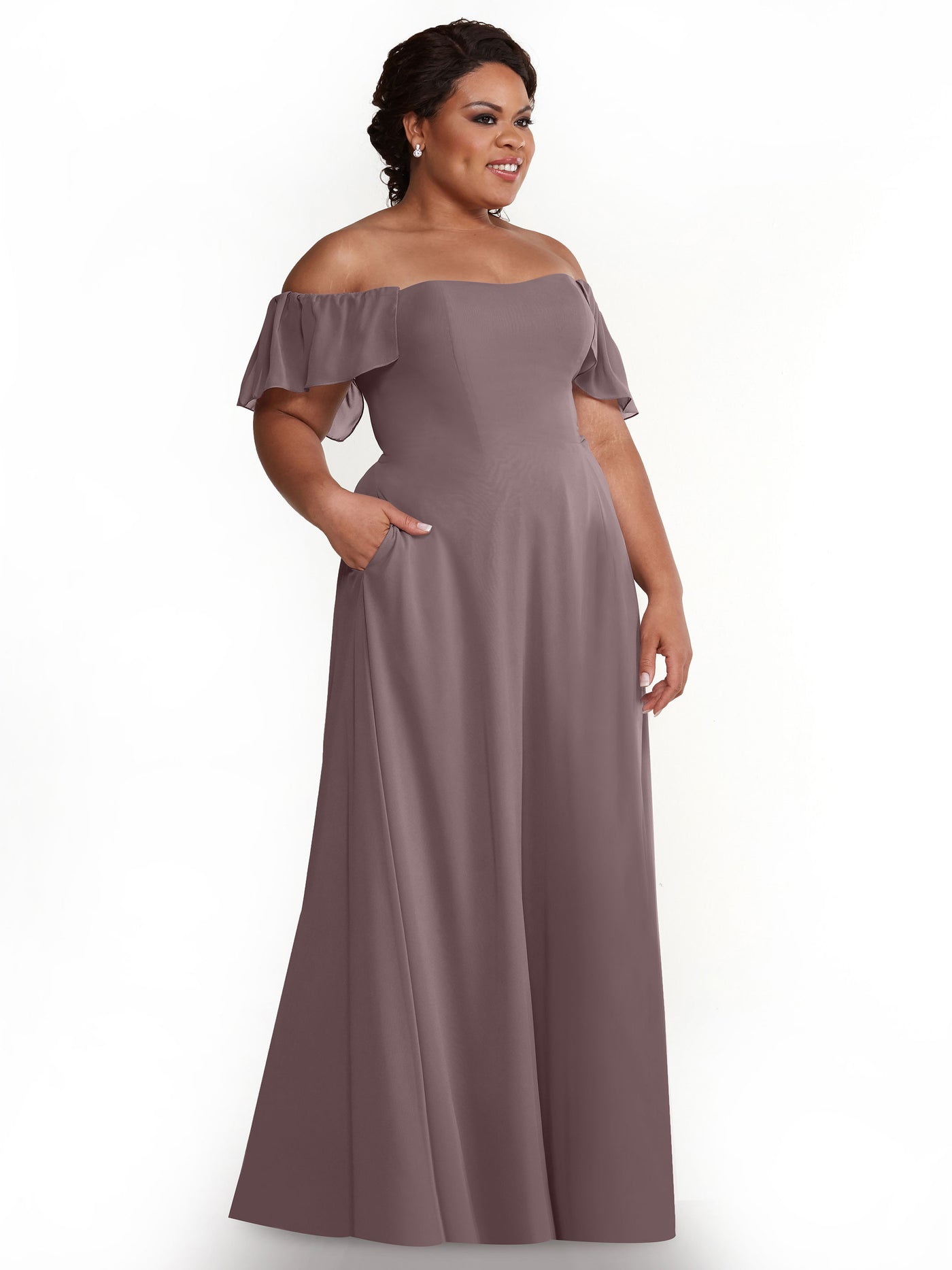 80168 - A-Line Off-the-Shoulder Chiffon Bridesmaid Dress with Pockets