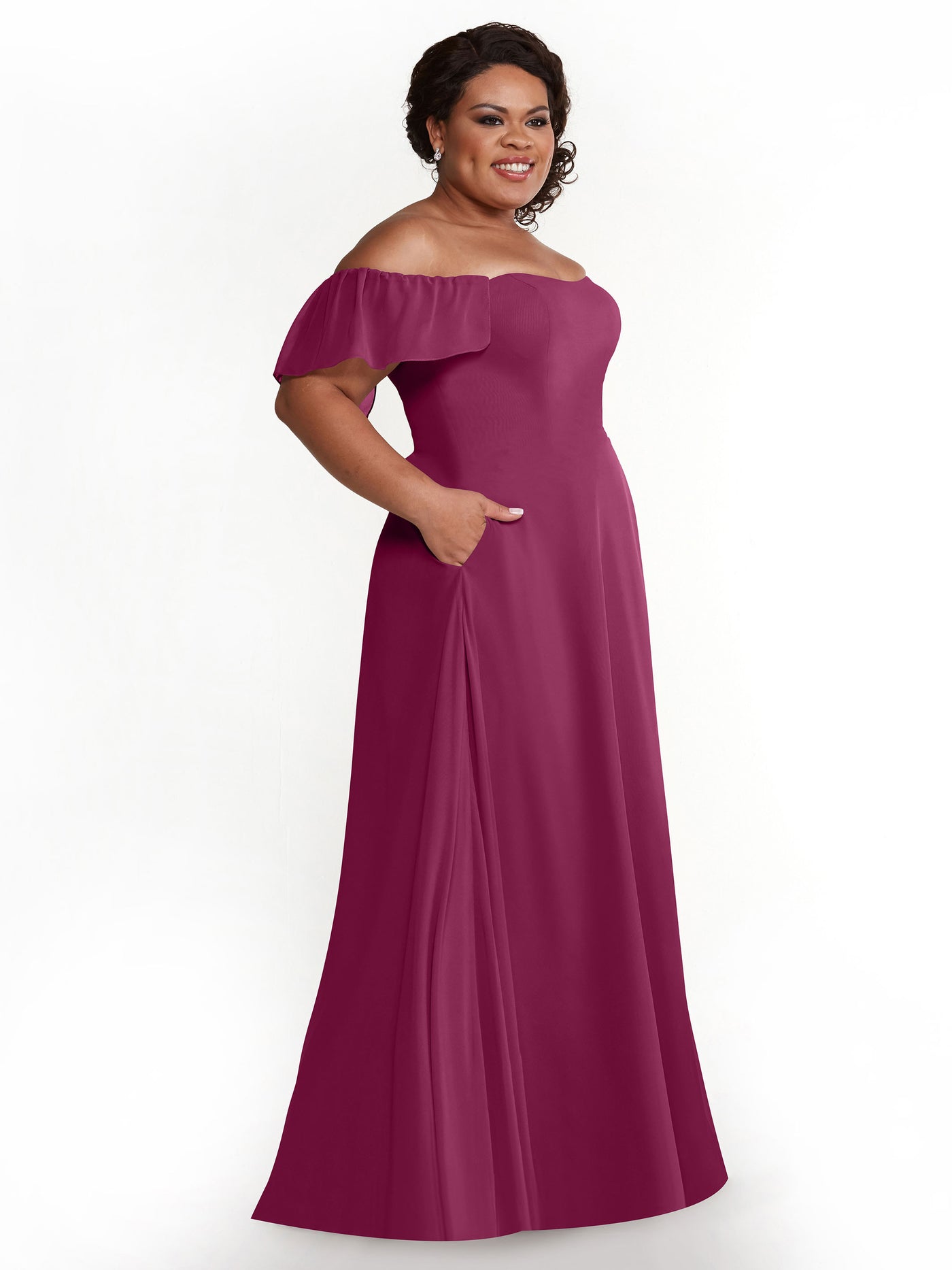 80168 - A-Line Off-the-Shoulder Chiffon Bridesmaid Dress with Pockets