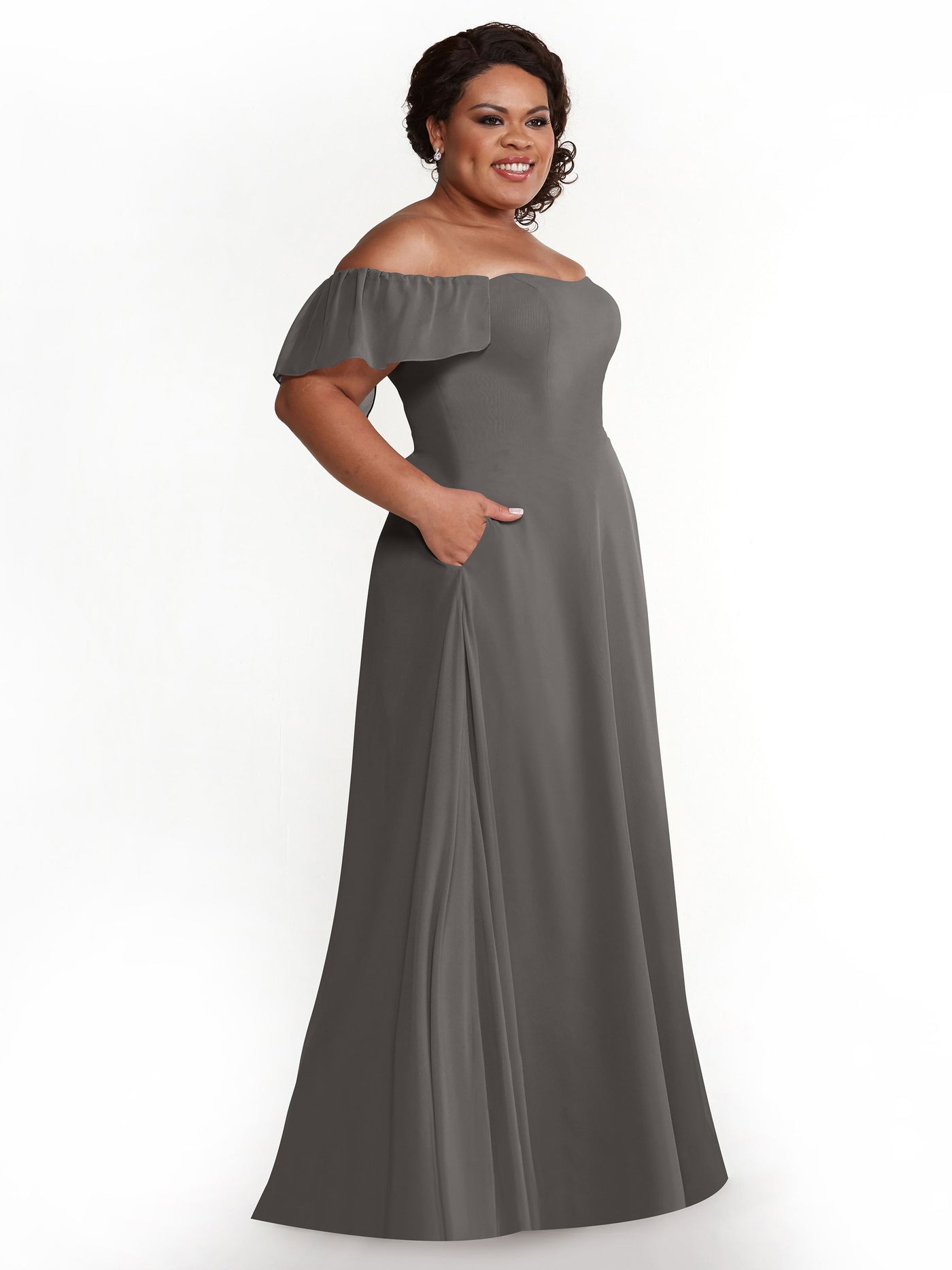 80168 - A-Line Off-the-Shoulder Chiffon Bridesmaid Dress with Pockets
