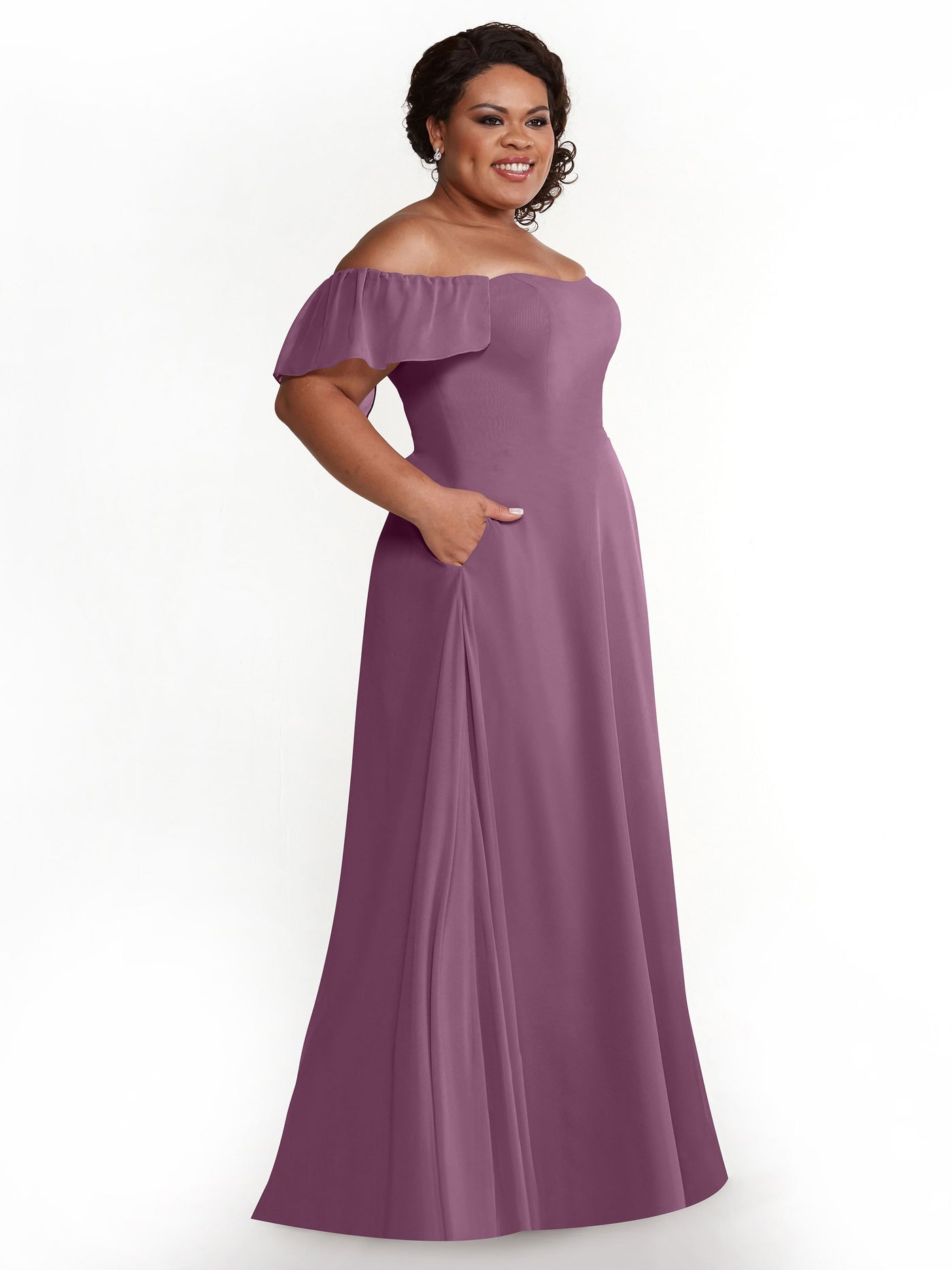 80168 - A-Line Off-the-Shoulder Chiffon Bridesmaid Dress with Pockets