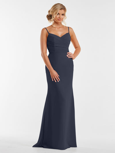 A woman models Avery Austin's 80169—a sleeveless, floor-length navy chiffon dress with thin straps and a fitted pleated bodice—posed against a plain white background.
