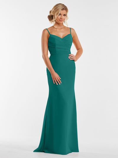 A woman stands against a plain white background wearing the Avery Austin 80169, a teal sleeveless chiffon dress with spaghetti straps and a pleated bodice.