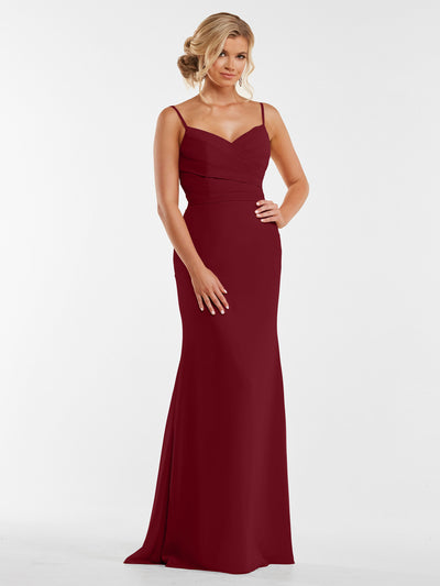 A woman with blonde hair in an elegant updo models Avery Austin's 80169, a floor-length sleeveless deep red chiffon dress with thin straps and a fitted pleated bodice, standing against a plain white background.