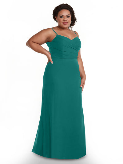 A woman models Avery Austin style 80169—a sleeveless, floor-length teal chiffon dress with thin straps and a pleated, fitted bodice—posing with one hand on her hip against a plain white background.