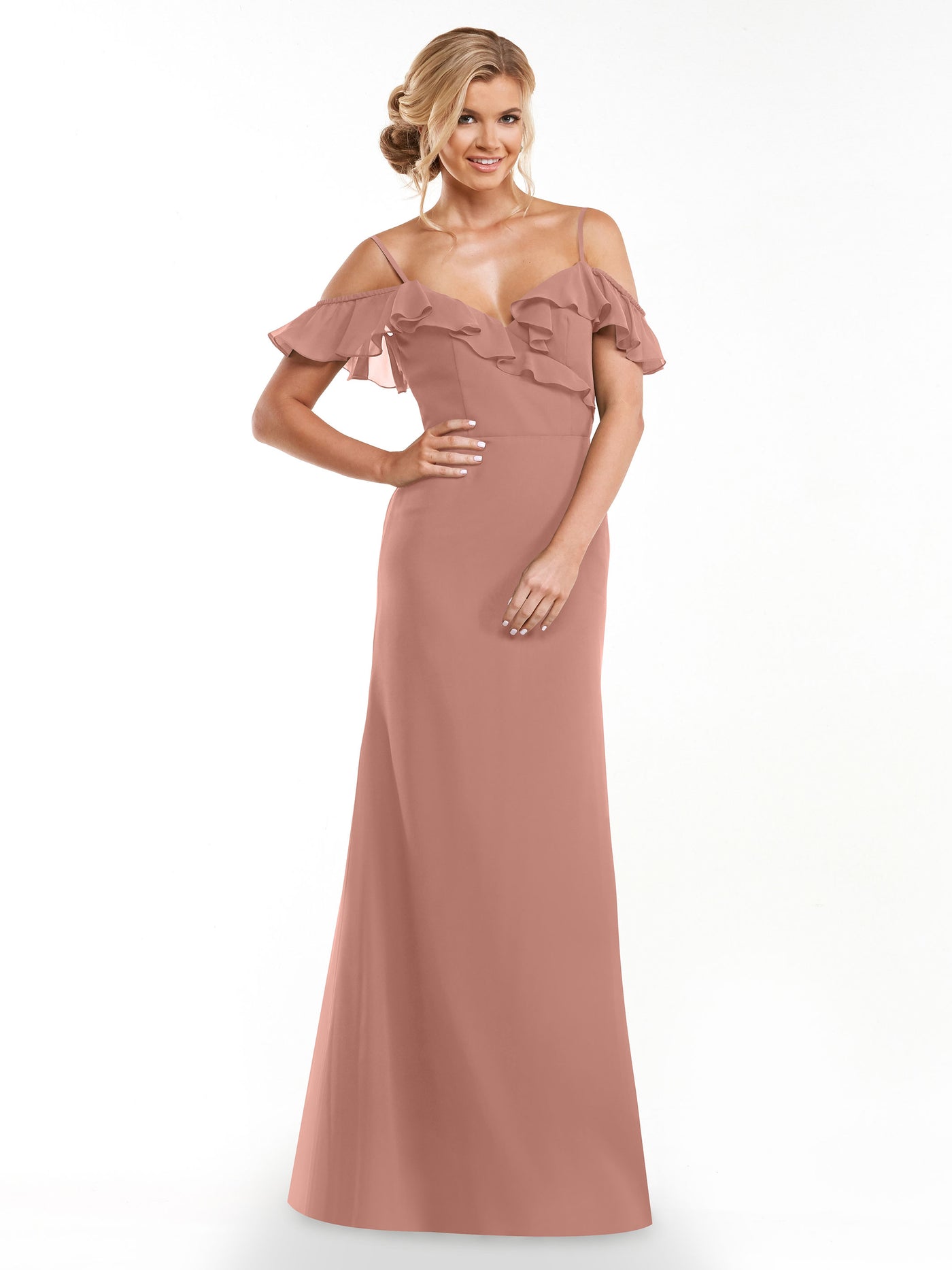 80172 - Chiffon Off-the-Shoulder A-Line Bridesmaid Dress with Ruffled Neckline