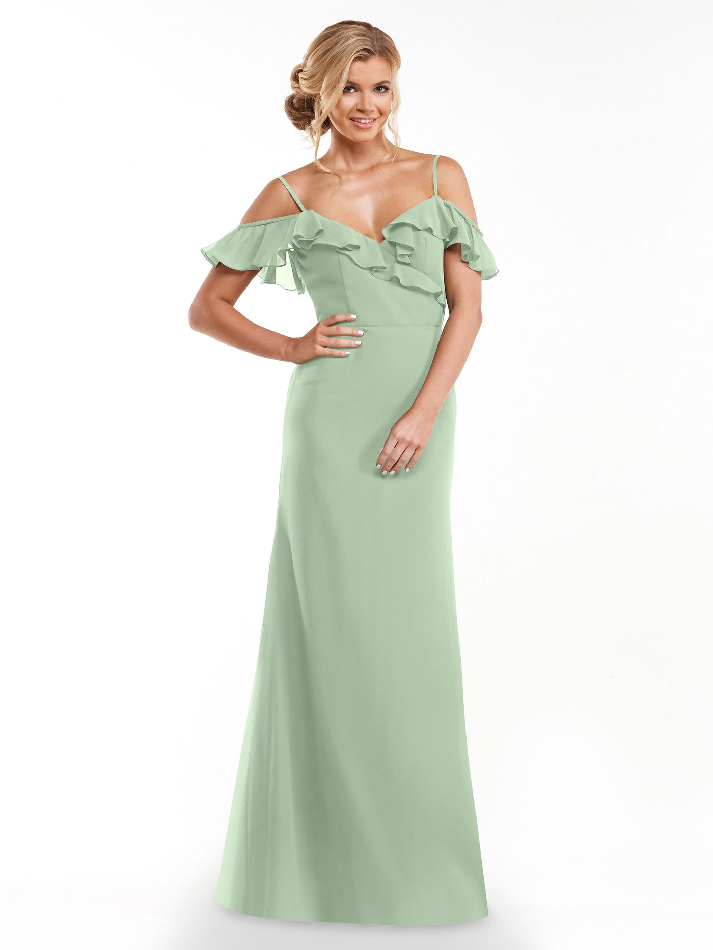 80172 - Chiffon Off-the-Shoulder A-Line Bridesmaid Dress with Ruffled Neckline
