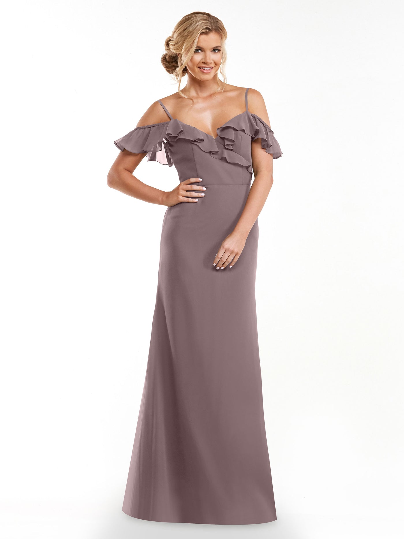 80172 - Chiffon Off-the-Shoulder A-Line Bridesmaid Dress with Ruffled Neckline