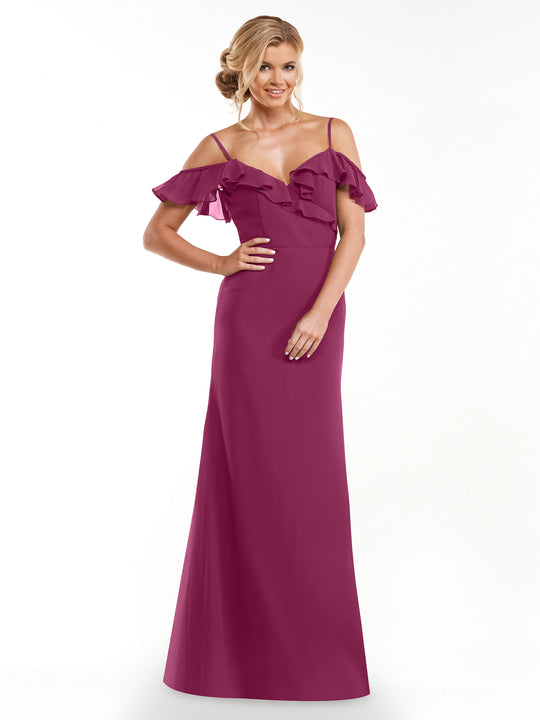 A woman in Avery Austin’s 80172 red A-line dress with off-the-shoulder sleeves.