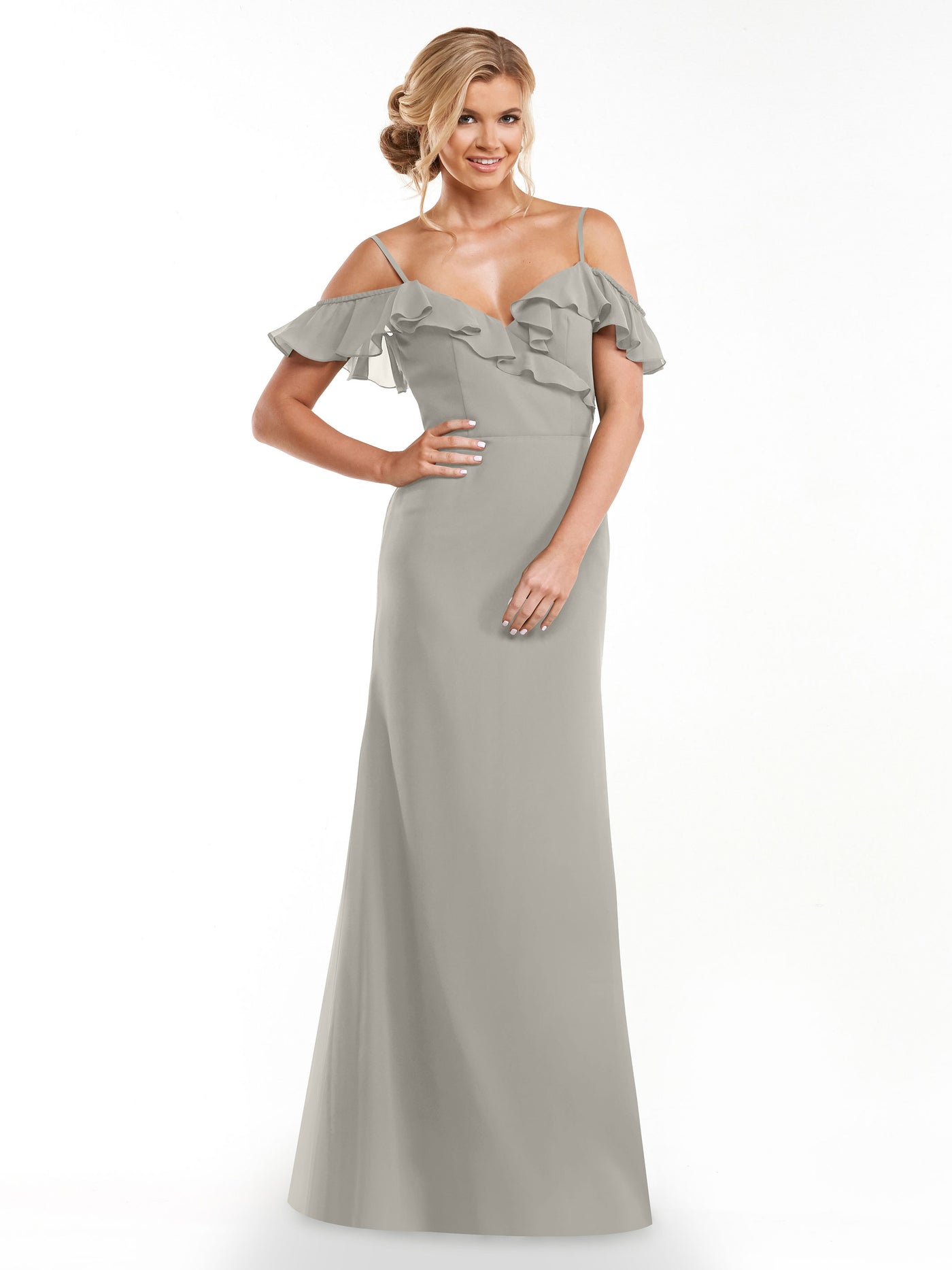 80172 - Chiffon Off-the-Shoulder A-Line Bridesmaid Dress with Ruffled Neckline