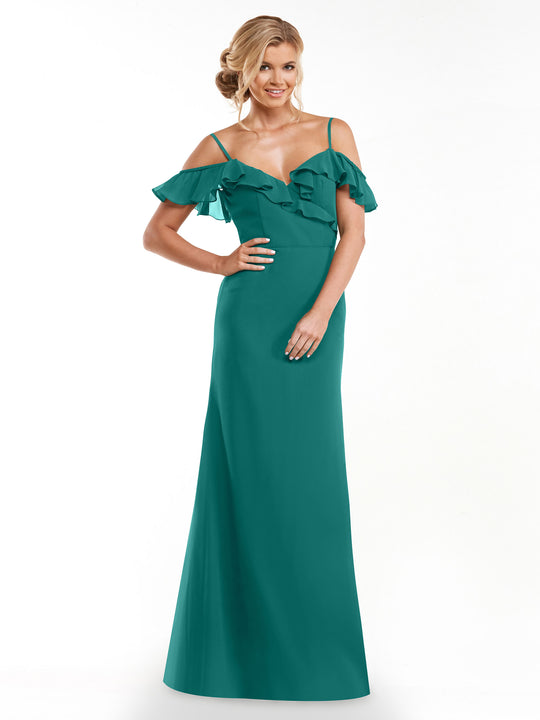 A woman with blonde hair in an elegant updo smiles as she models Avery Austin's 80172, a teal A-line floor-length dress featuring ruffled neckline and off-the-shoulder sleeves, posing against a white background.