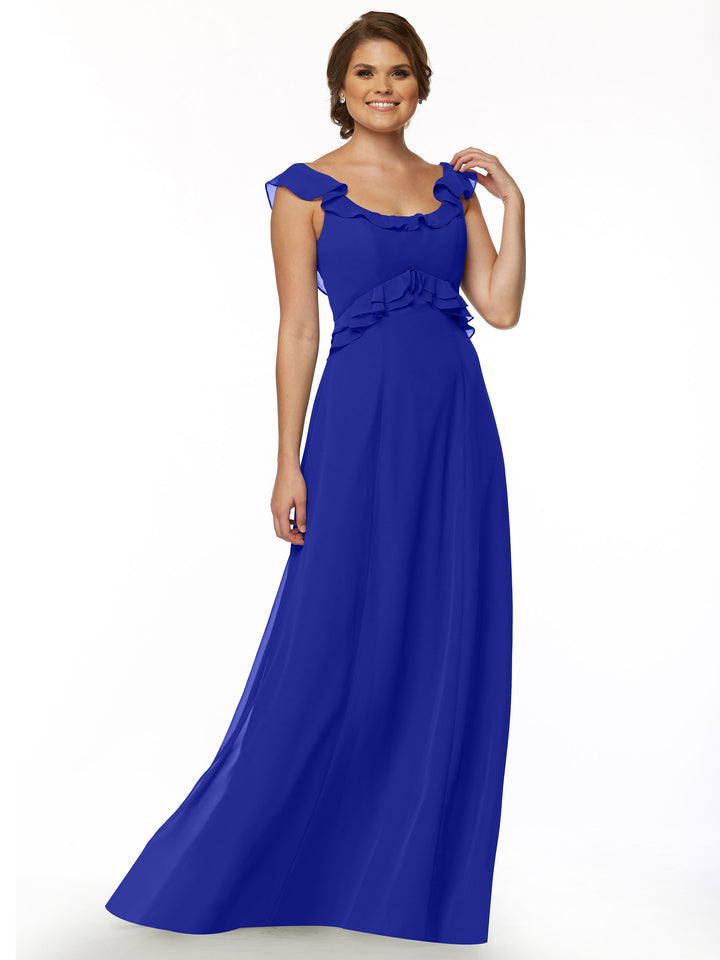 A woman smiles in the Avery Austin 80173, a flowing floor-length bright blue off-the-shoulder dress with ruffled sleeves and neckline, posing against a plain white background.