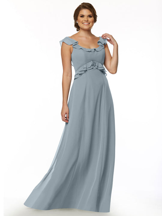 A woman models Avery Austin's 80173—a long, light blue gown with a ruffled neckline and delicate shoulder and waist details—smiling against a plain white background.
