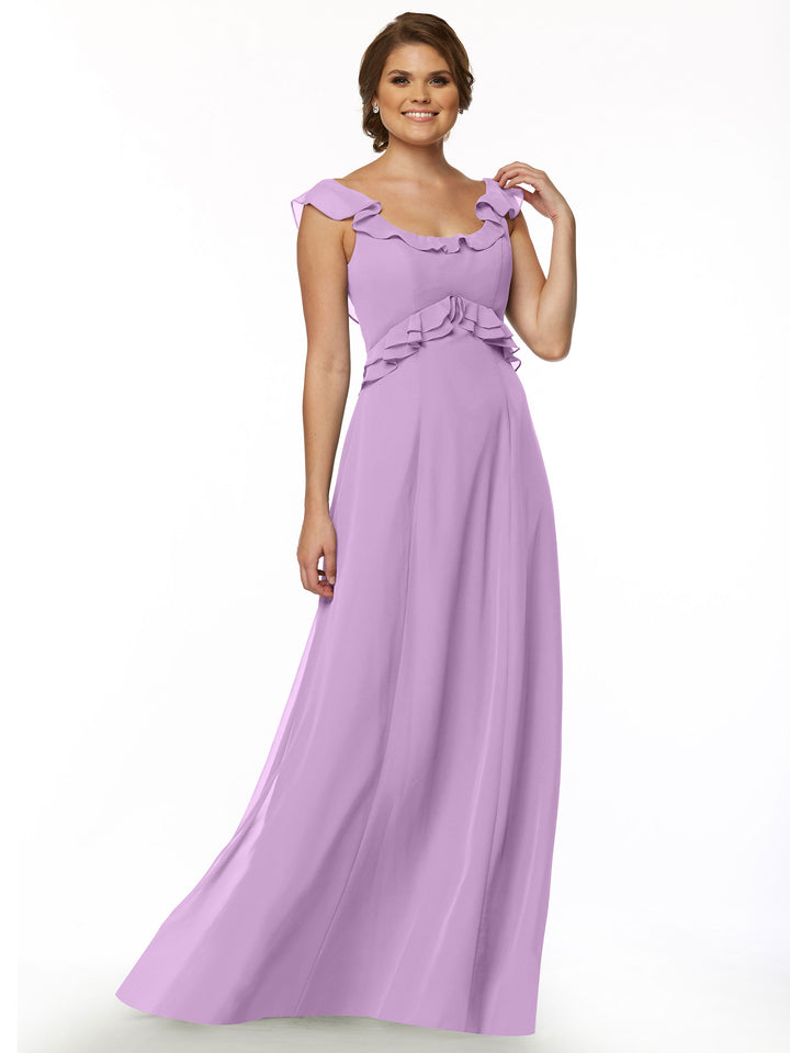 A woman smiles against a plain white background, wearing the Avery Austin 80173—a floor-length lavender dress featuring a ruffled neckline and cap sleeves.