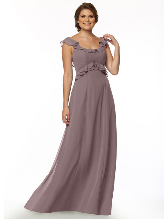 A woman in the Avery Austin 80173 long mauve gown with a ruffled neckline and ruffle accents at the shoulders and waist, smiling against a plain white background.