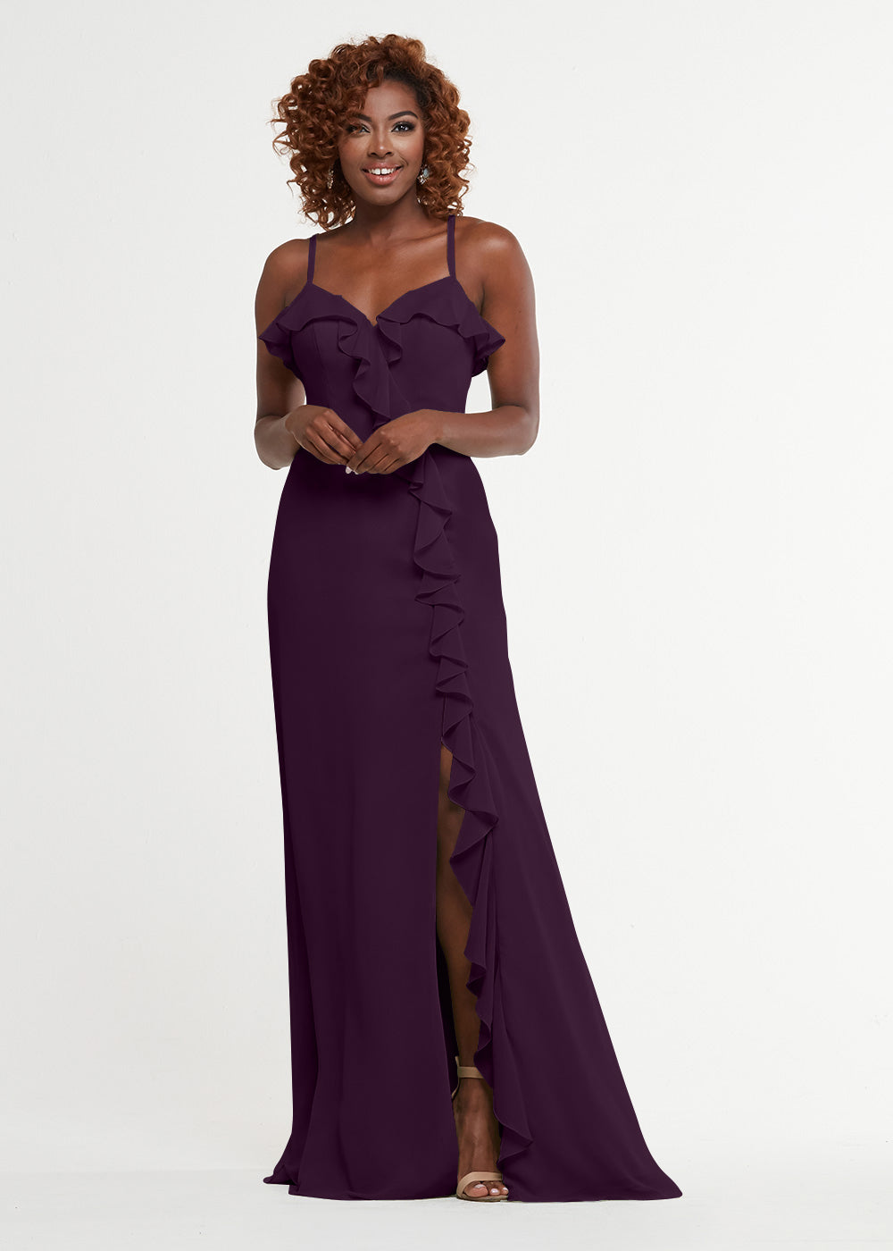 80174 - Chiffon A-Line Bridesmaid Dress with Ruffles and Slit