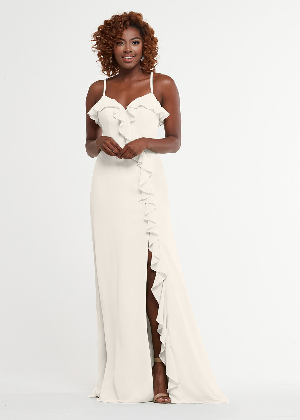80174 - Chiffon A-Line Bridesmaid Dress with Ruffles and Slit