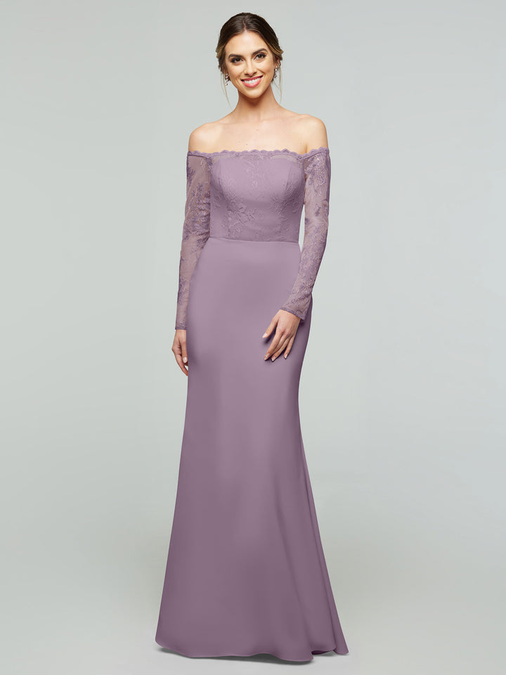 A woman models the averyaustin TH-80191: an off-the-shoulder, long-sleeve lilac gown with a lace bodice, smiling against a plain light gray background.