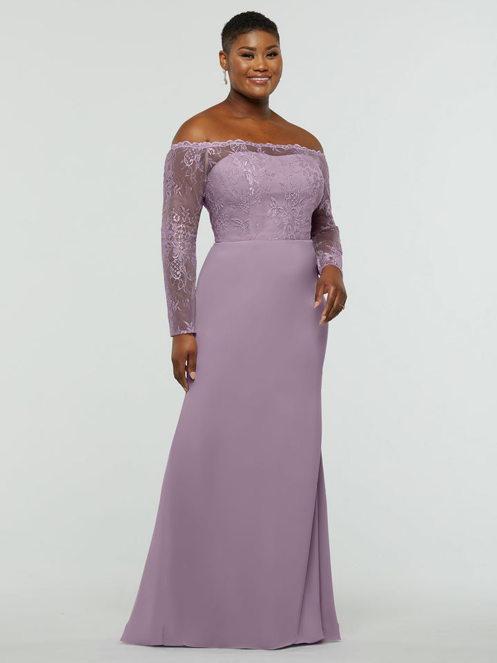 A woman smiles against a plain light background, wearing the averyaustin 80191 floor-length off-the-shoulder chiffon mermaid dress with lace bodice and sleeves.