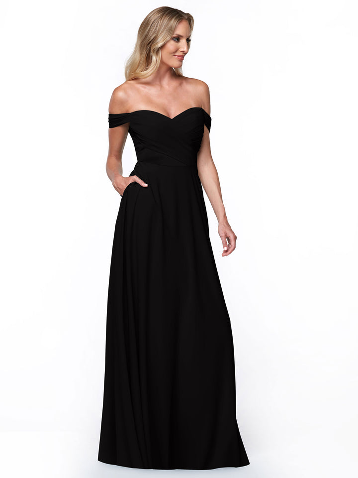Model wears Avery Austin 83018: an elegant off-the-shoulder dress featuring a sweetheart neckline, fitted bodice, and flowing A-line skirt, shown against a white background.