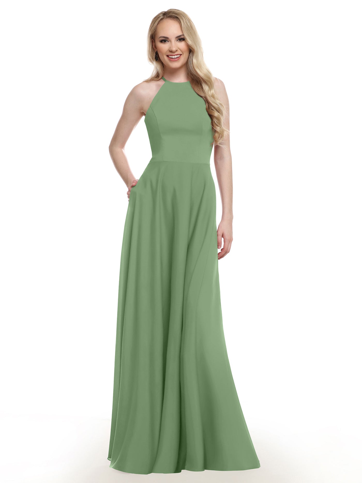 83022 - Stretch Chiffon Halter A-Line Bridesmaid Dress with Pockets