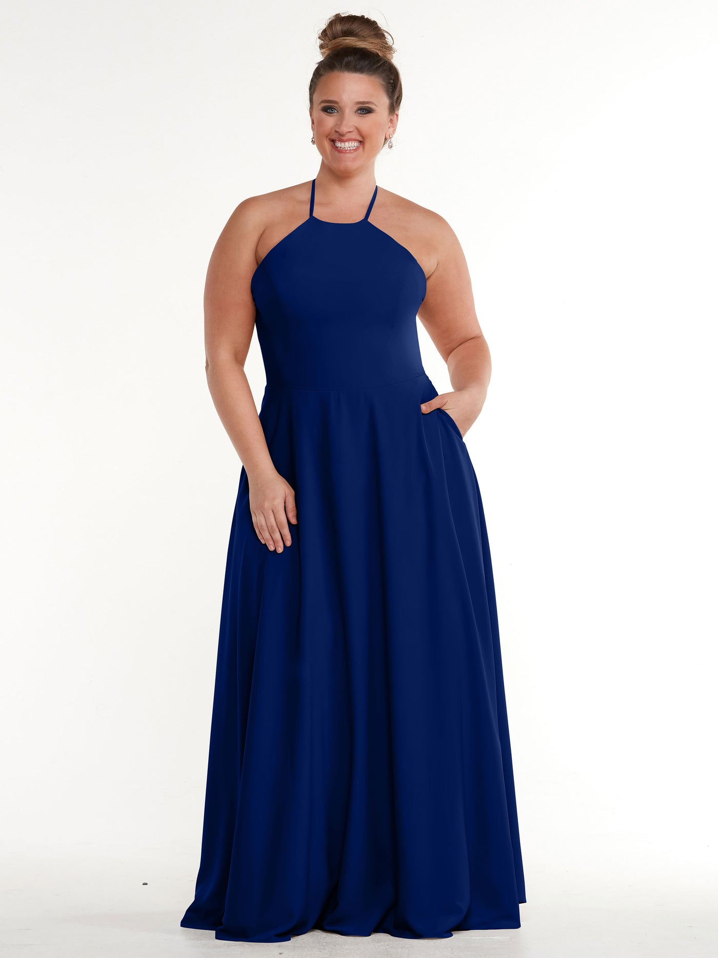 83022 - Stretch Chiffon Halter A-Line Bridesmaid Dress with Pockets