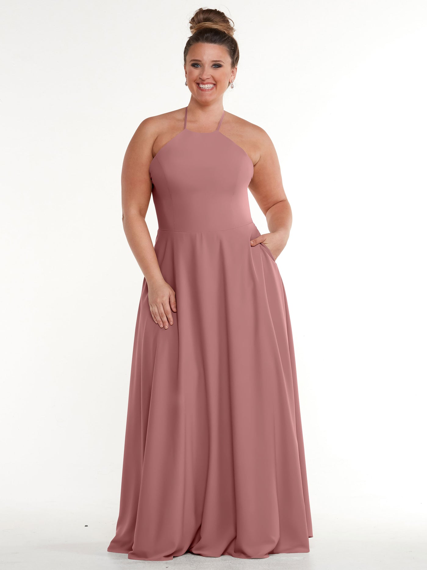 83022 - Stretch Chiffon Halter A-Line Bridesmaid Dress with Pockets