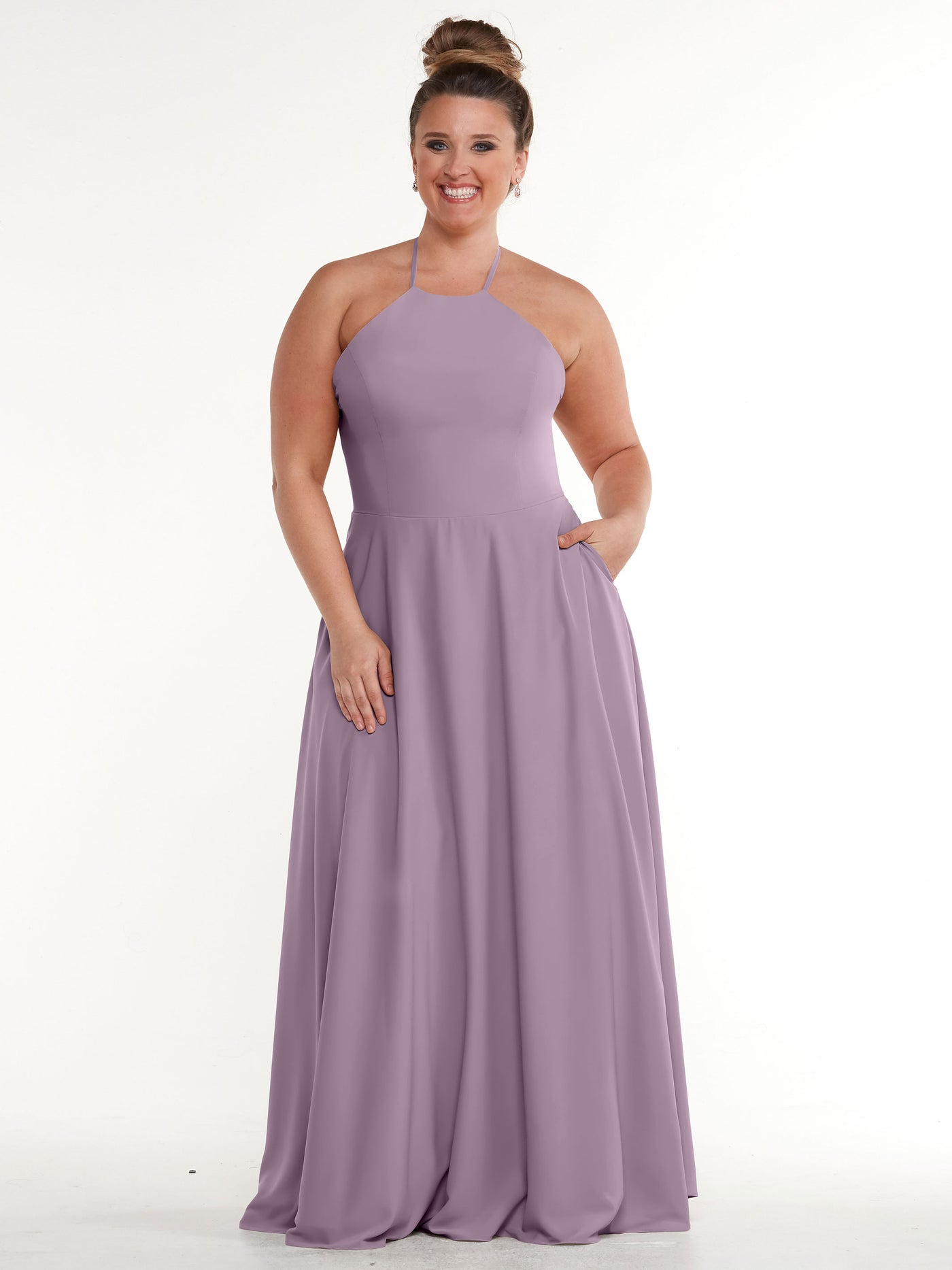 83022 - Stretch Chiffon Halter A-Line Bridesmaid Dress with Pockets