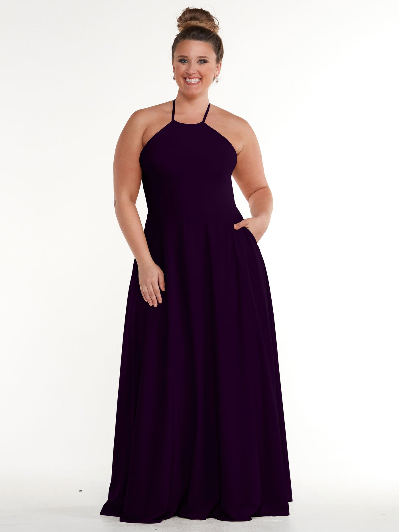 83022 - Stretch Chiffon Halter A-Line Bridesmaid Dress with Pockets