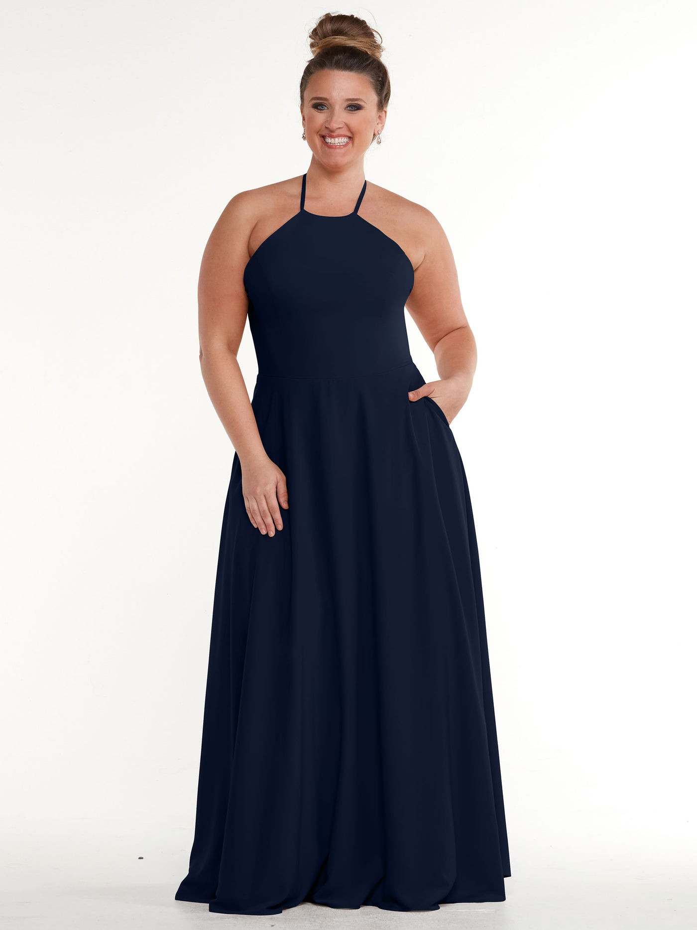 83022 - Stretch Chiffon Halter A-Line Bridesmaid Dress with Pockets