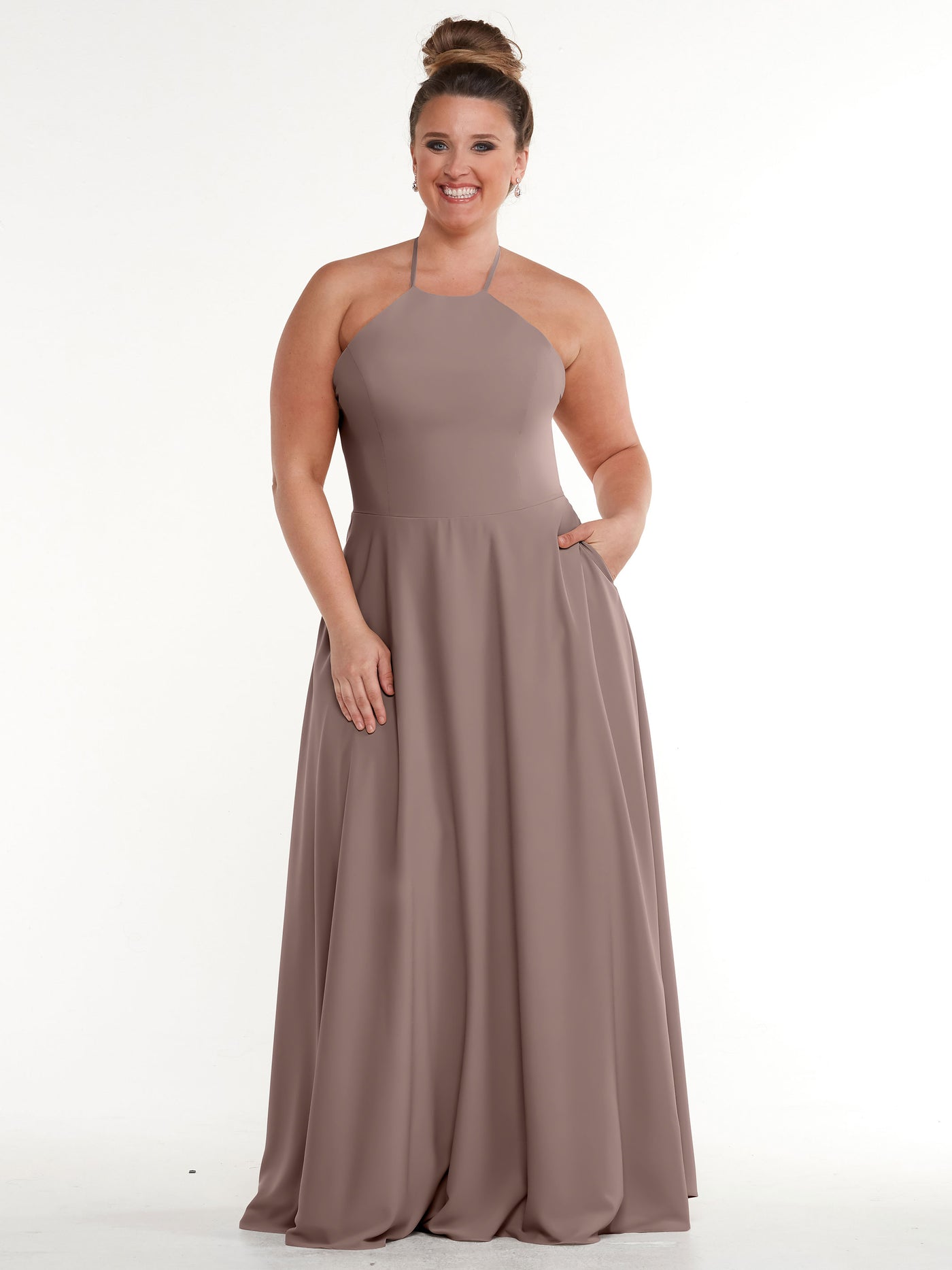 83022 - Stretch Chiffon Halter A-Line Bridesmaid Dress with Pockets