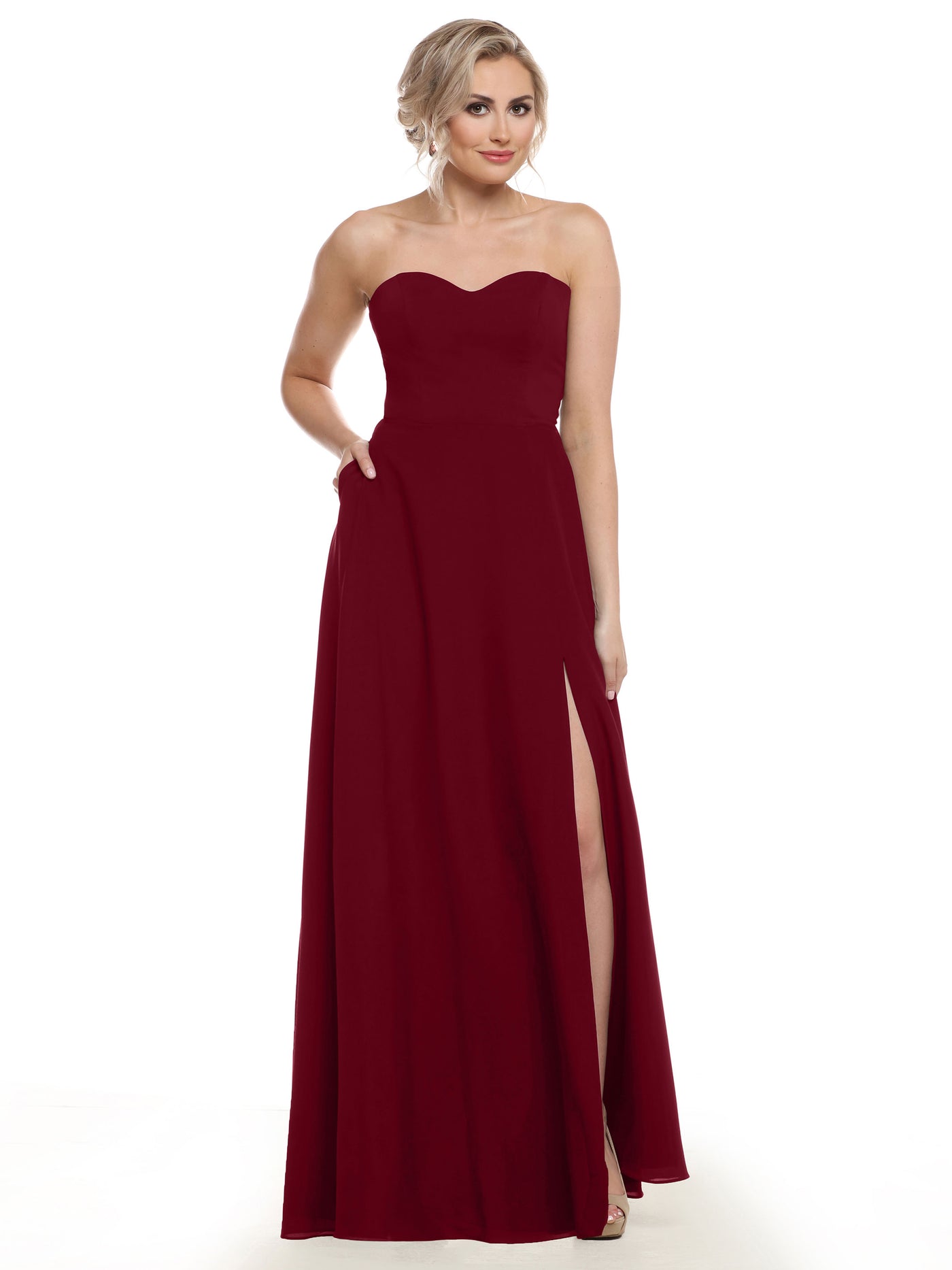 83025 - Strapless Chiffon Long Bridesmaid Dress with Pockets