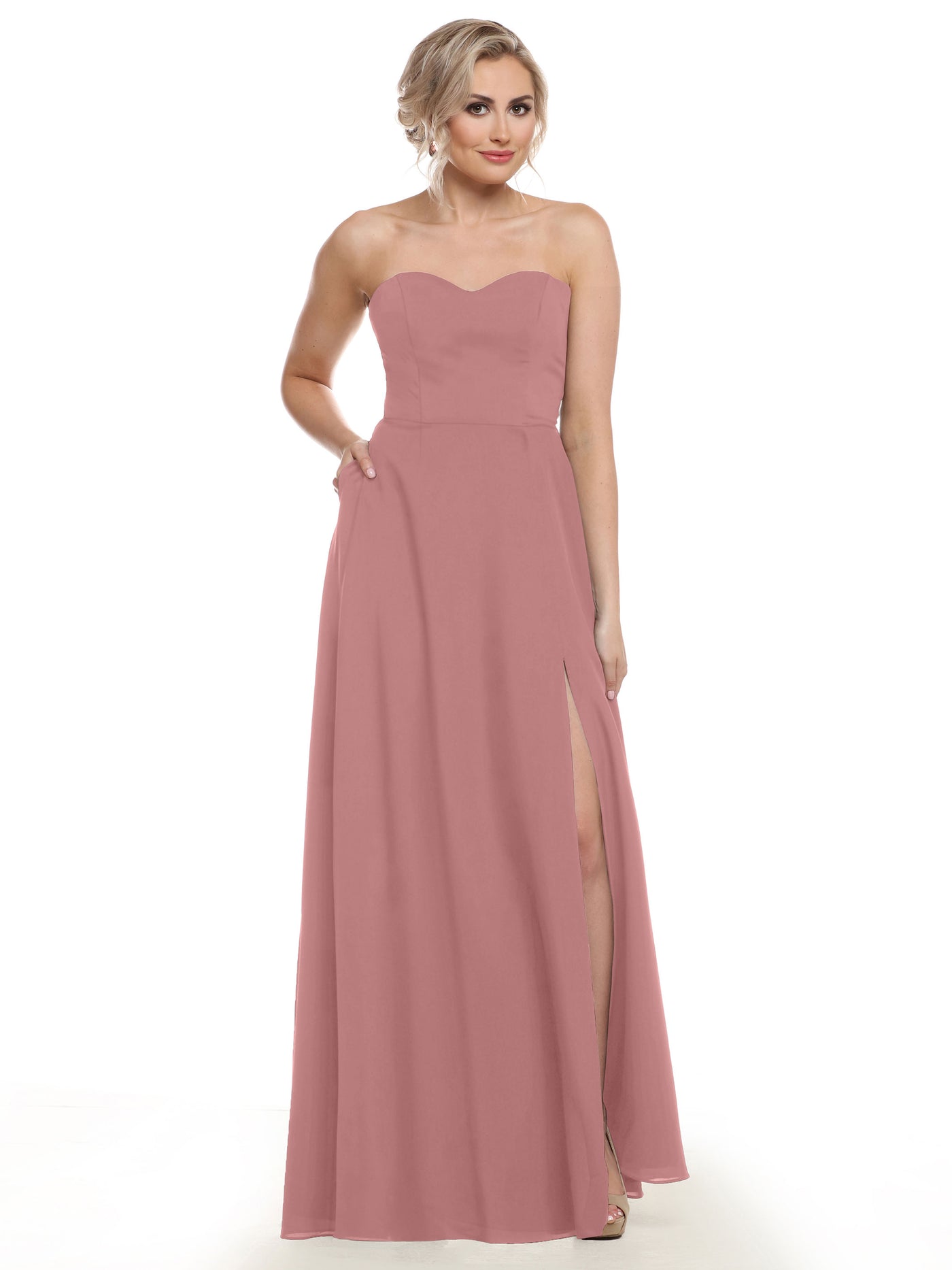 83025 - Strapless Chiffon Long Bridesmaid Dress with Pockets