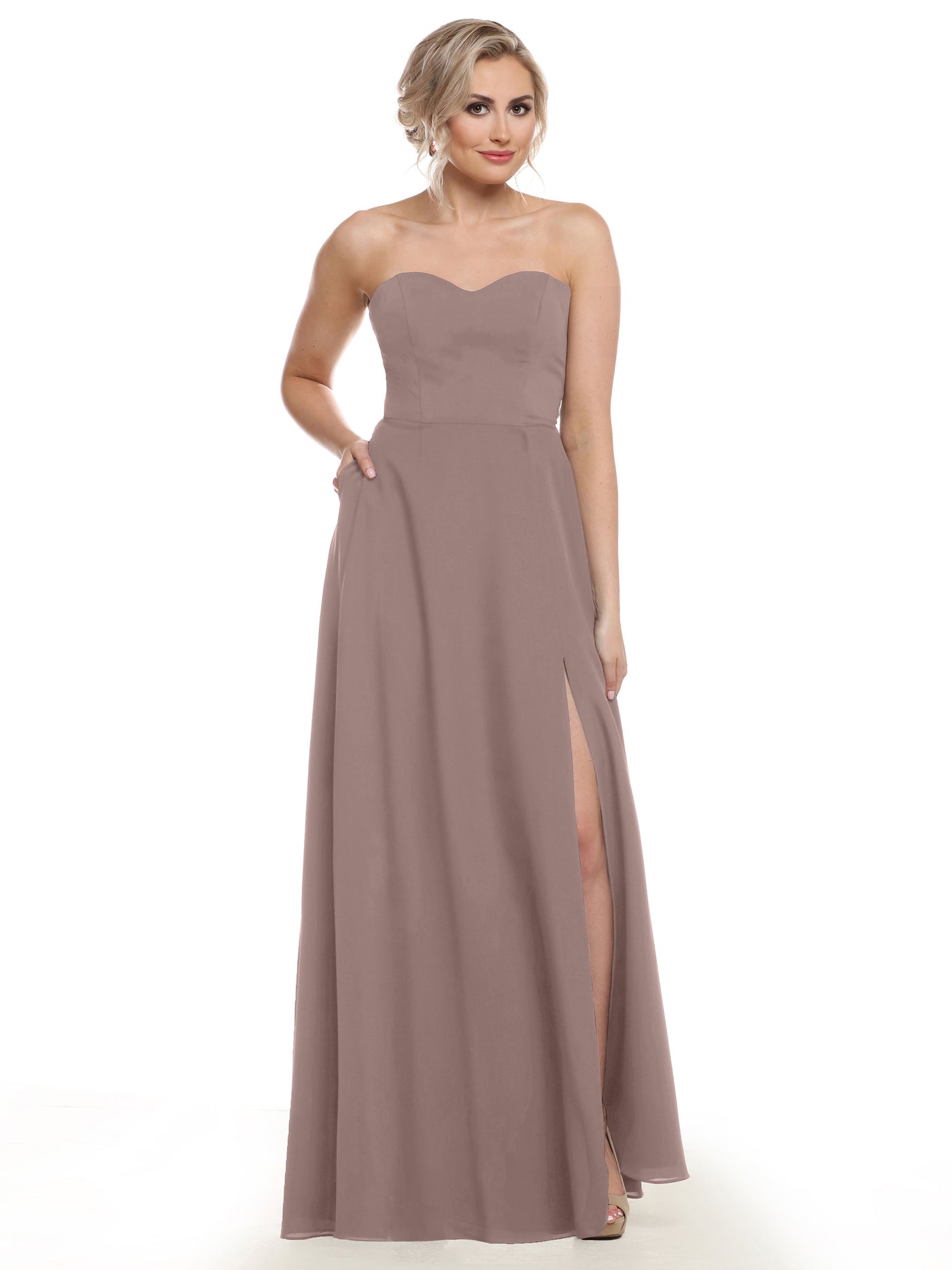 83025 - Strapless Chiffon Long Bridesmaid Dress with Pockets