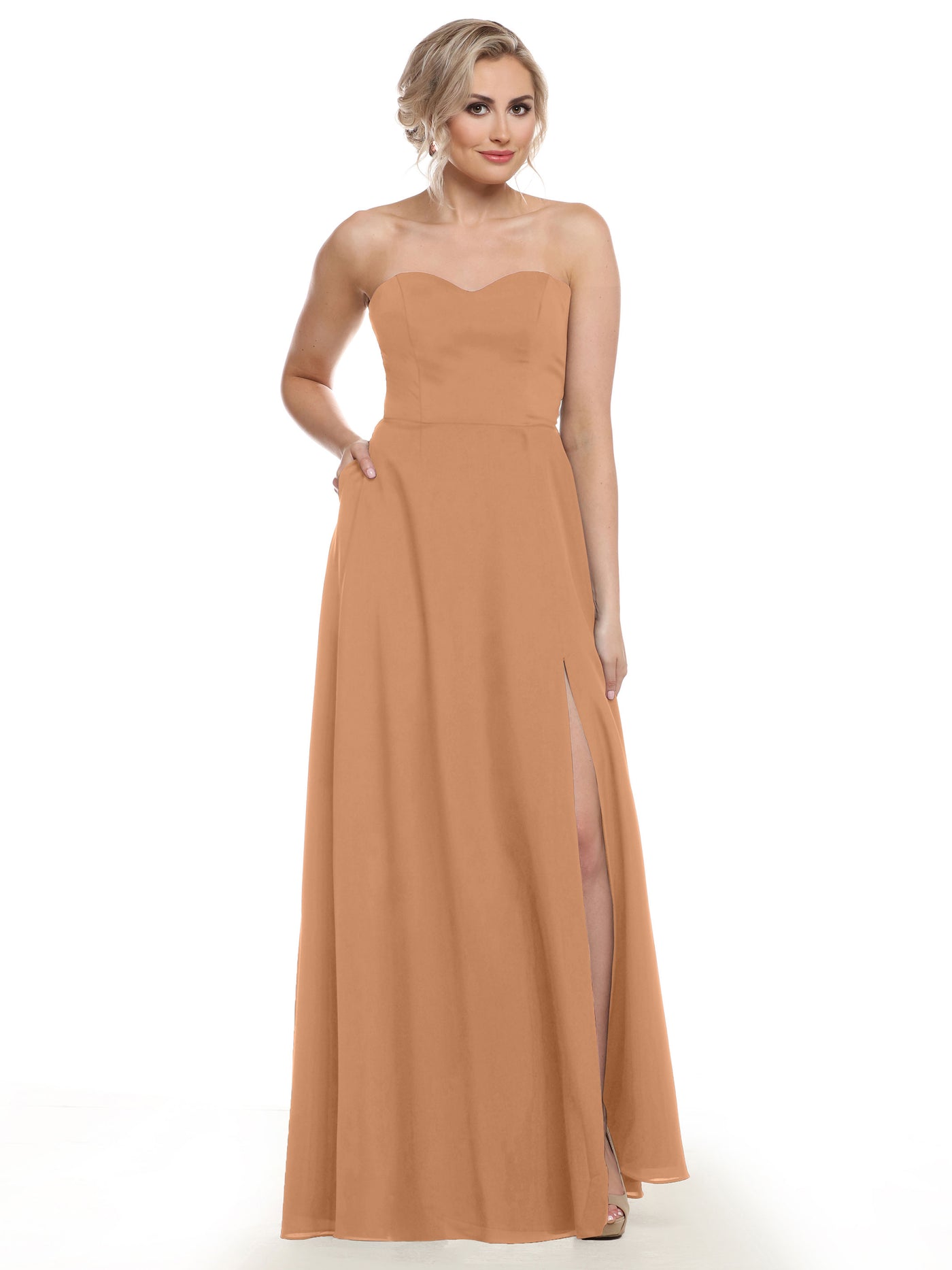 83025 - Strapless Chiffon Long Bridesmaid Dress with Pockets