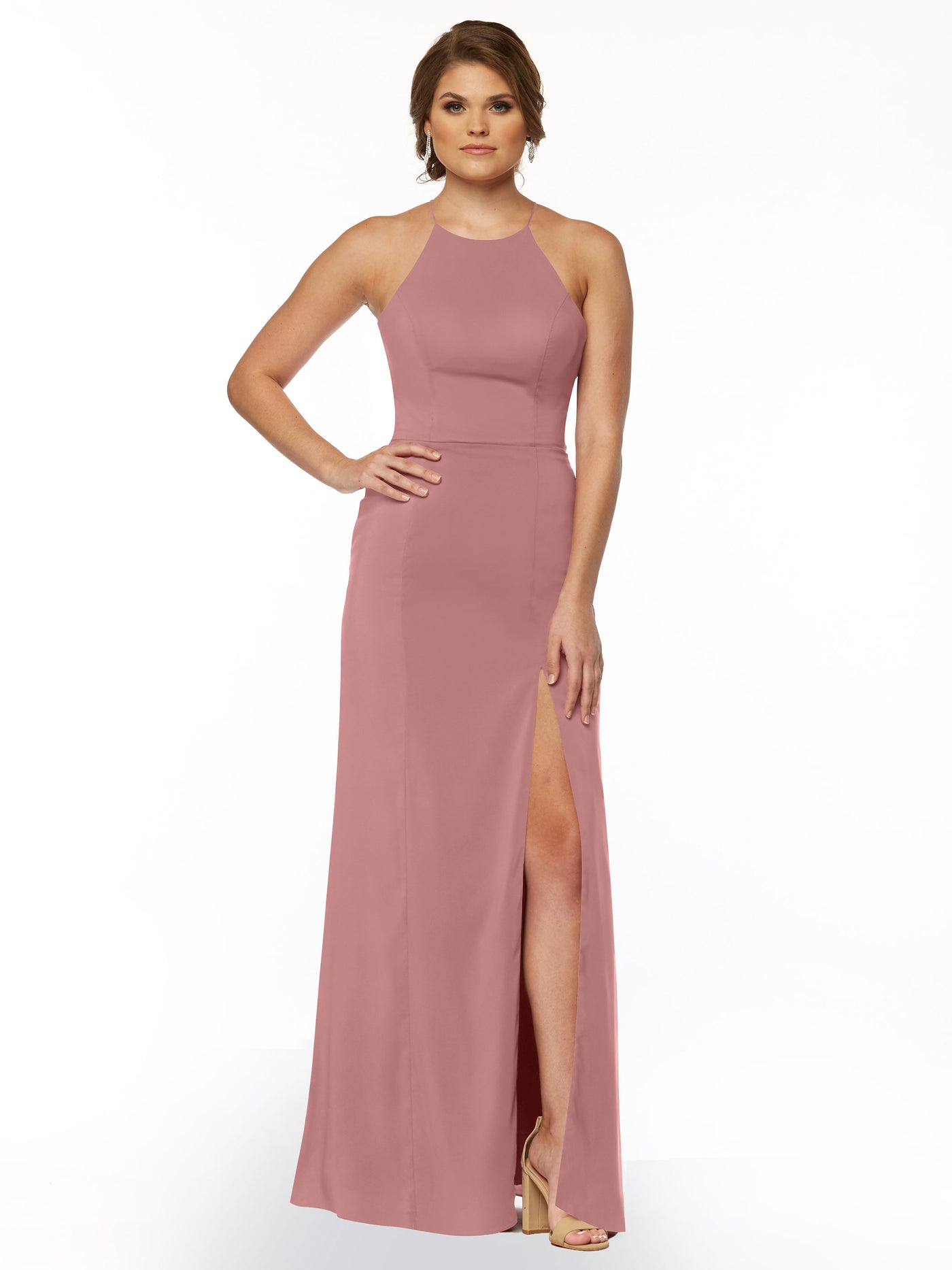 83026 - Sheath Stretch Chiffon Bridesmaid Dress with Halter Neckline and Slit