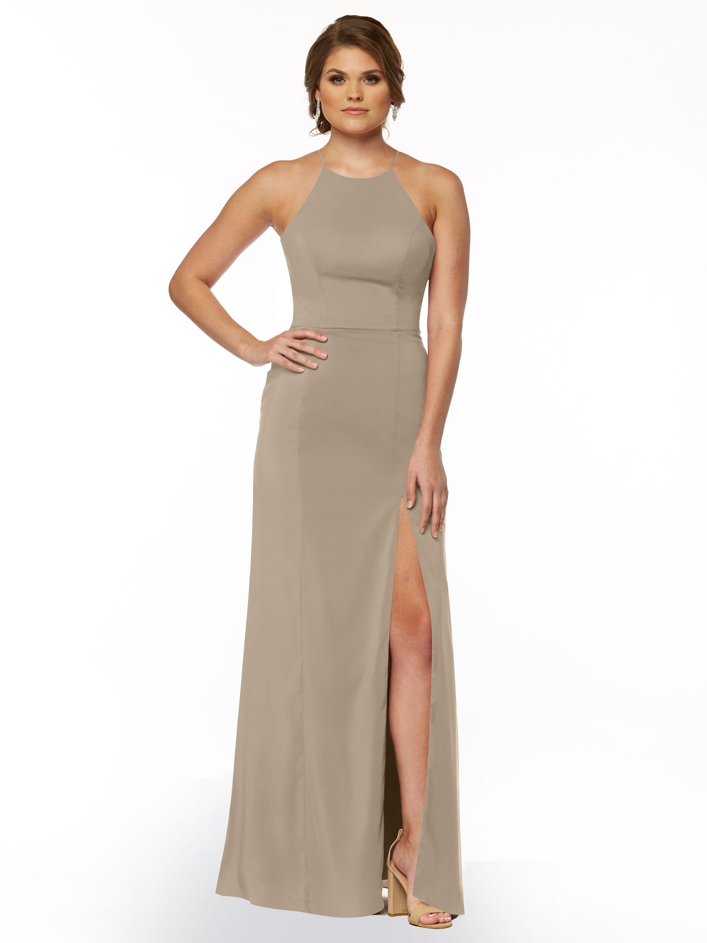 83026 - Sheath Stretch Chiffon Bridesmaid Dress with Halter Neckline and Slit