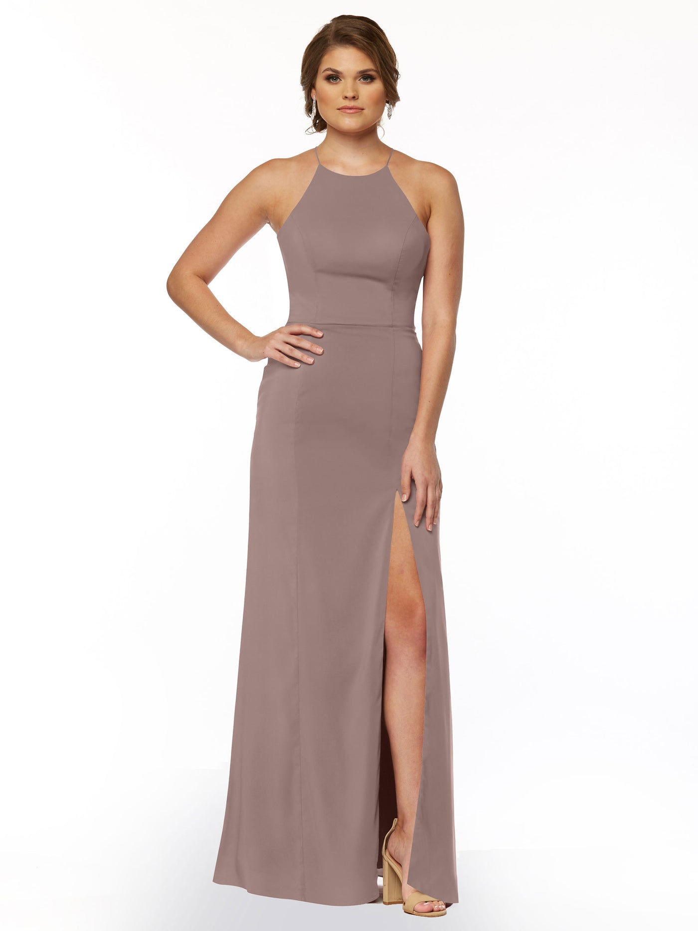 83026 - Sheath Stretch Chiffon Bridesmaid Dress with Halter Neckline and Slit